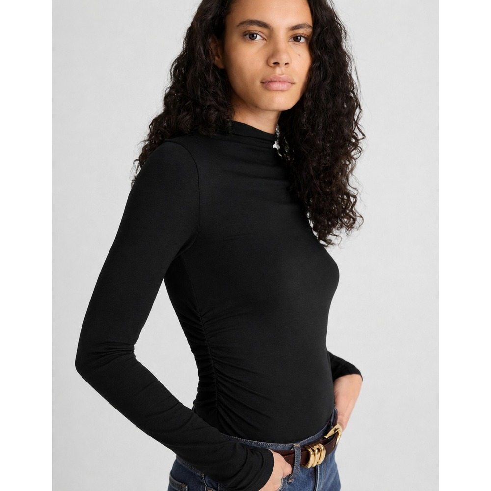 NWT Madewell Ruched Mockneck Long Sleeve Top Womens S Black Cotton Fitted